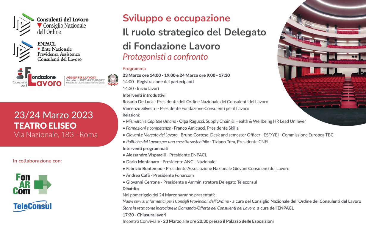 Locandina Fondazione Lavoro 23 24 marzo 2023 Teatro Eliseo Roma